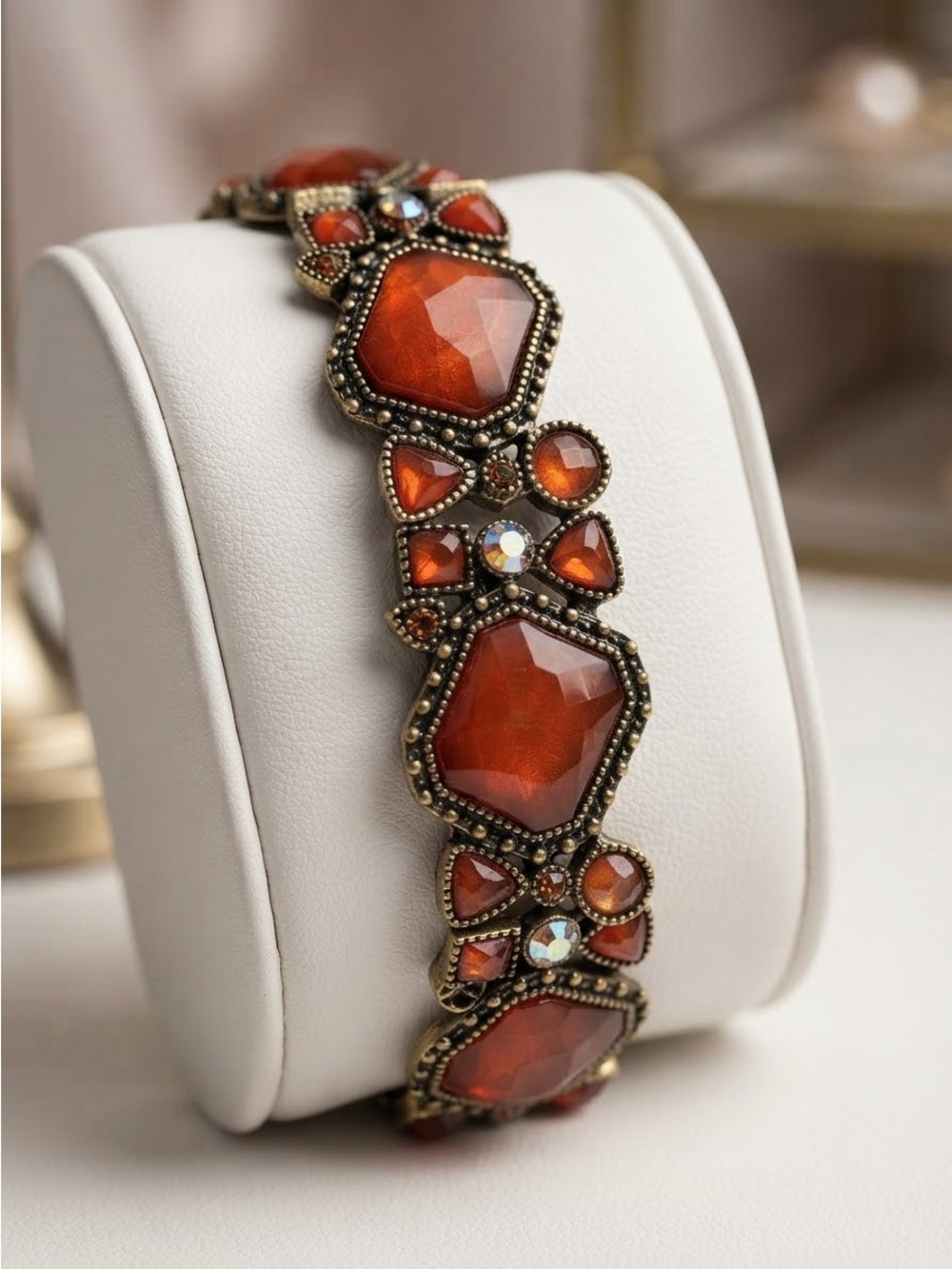 Vintage Red Orange Rhinestone Stretch Bracelet | Antique Bronze Bracelet